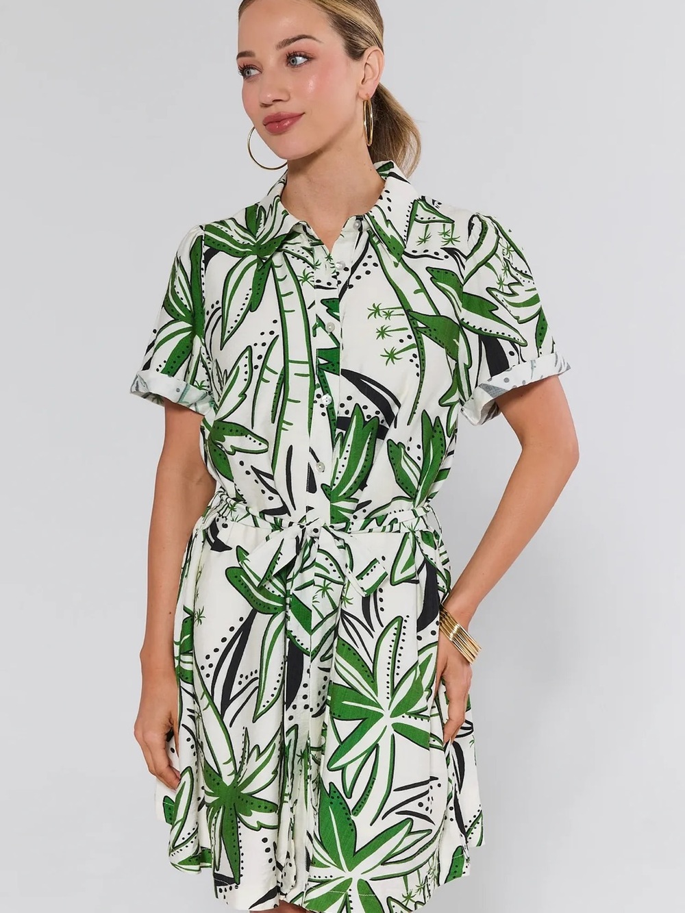 Gorgeous!! NWT Portia Green Palm-Print Women’s Shirt Dress Large New!